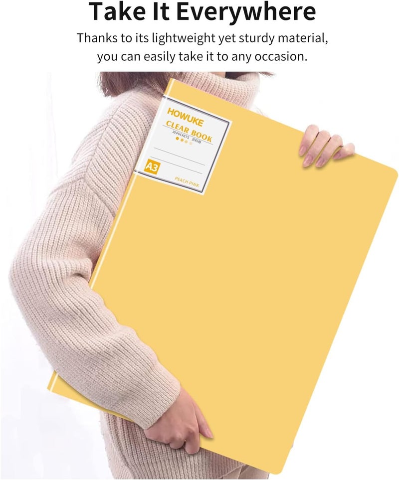 HOWUKE A3 Diamond Painting Storage Book, 60 Views Art Portfolio Presentations Folder with 30 Pages Protectors, 17.3x12.8in Yellow - Image 3